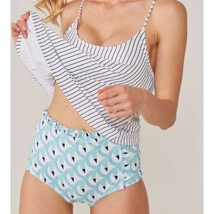Stiped tankini, print high waist shorts